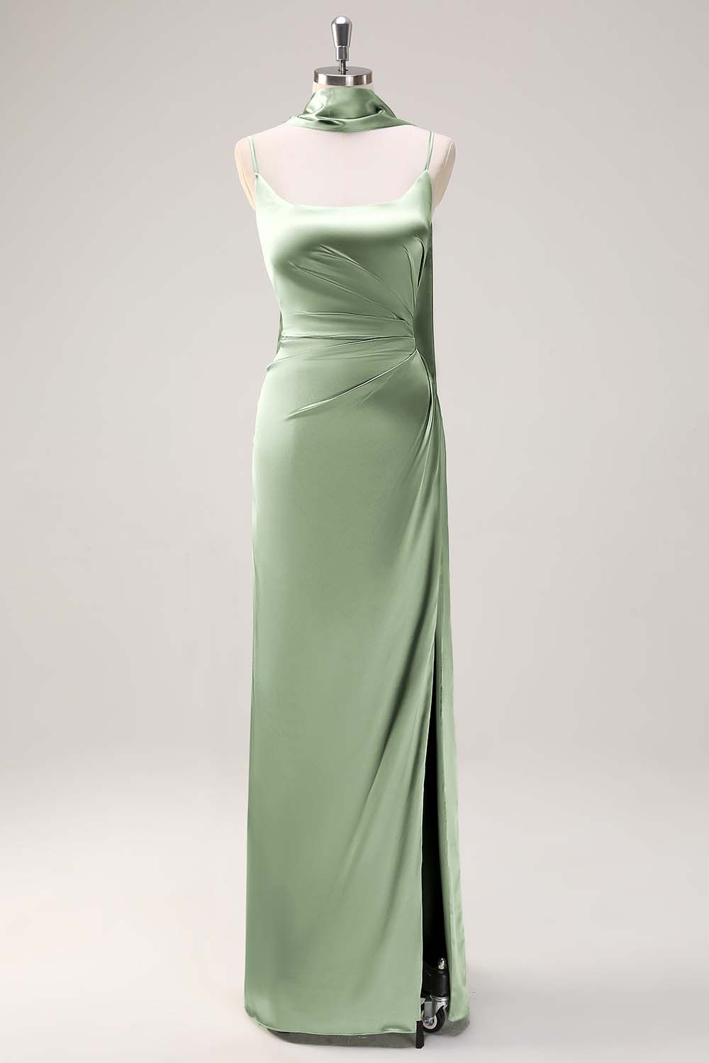 Robe de demoiselle d'honneur longue en satin vert sauge sirène ruchée avec fente - Image 15