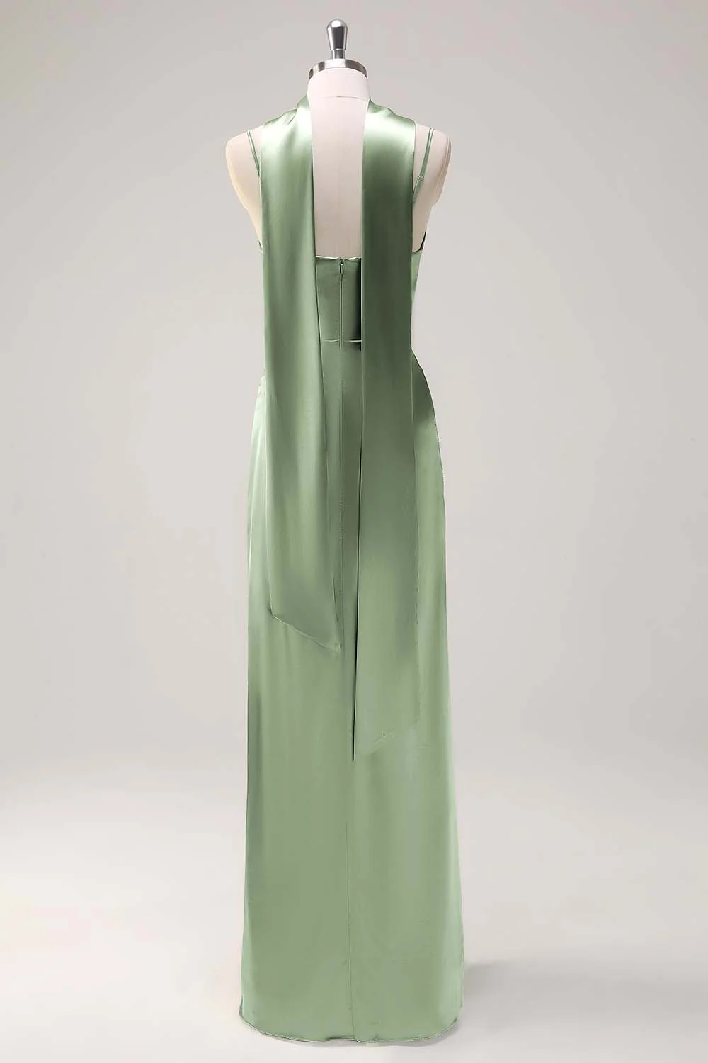 Robe de demoiselle d'honneur longue en satin vert sauge sirène ruchée avec fente - Image 16
