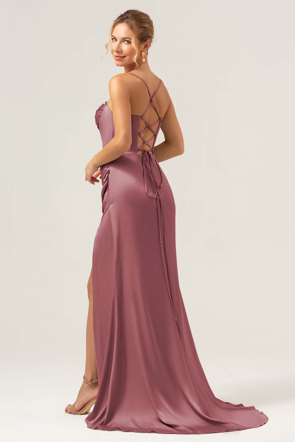Sage Sirène Spaghetti Bretelles Corset Satin Demoiselle d’honneur Robe avec Fente - Image 10