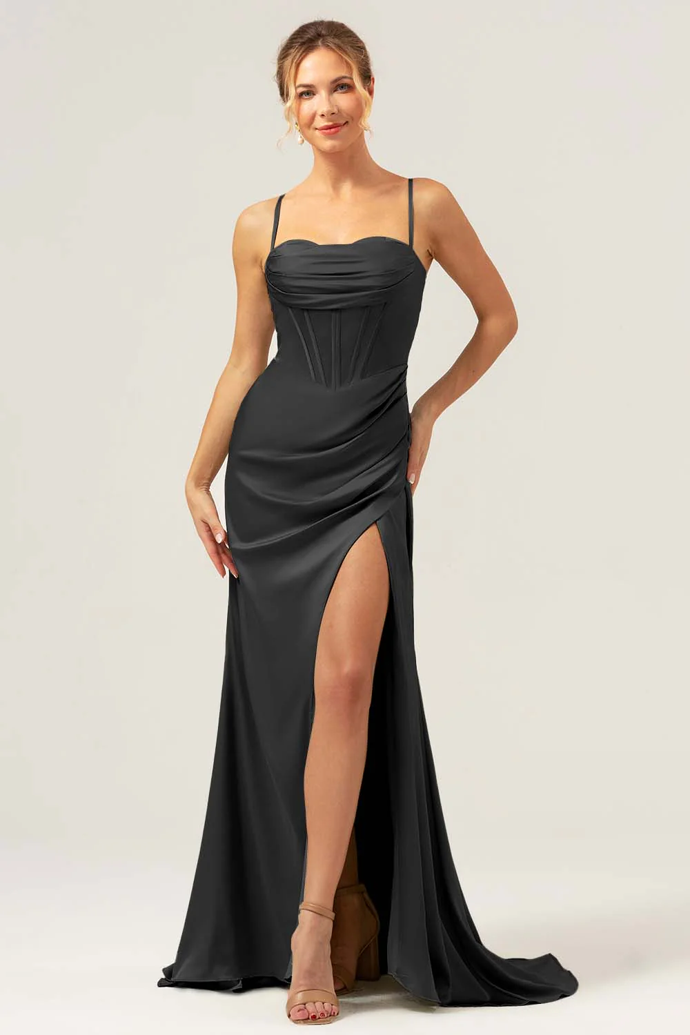 Sage Sirène Spaghetti Bretelles Corset Satin Demoiselle d’honneur Robe avec Fente - Image 11