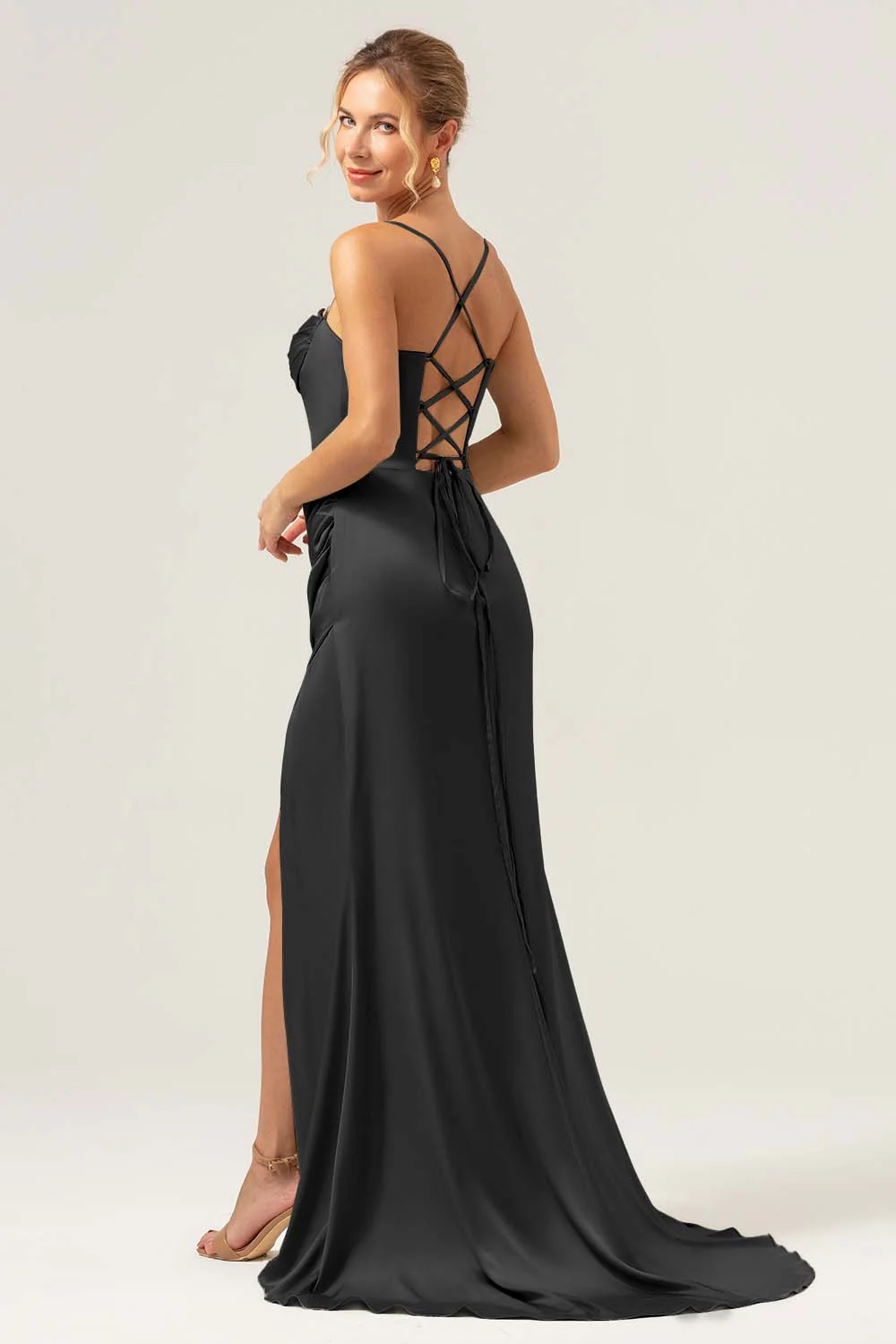 Sage Sirène Spaghetti Bretelles Corset Satin Demoiselle d’honneur Robe avec Fente - Image 12