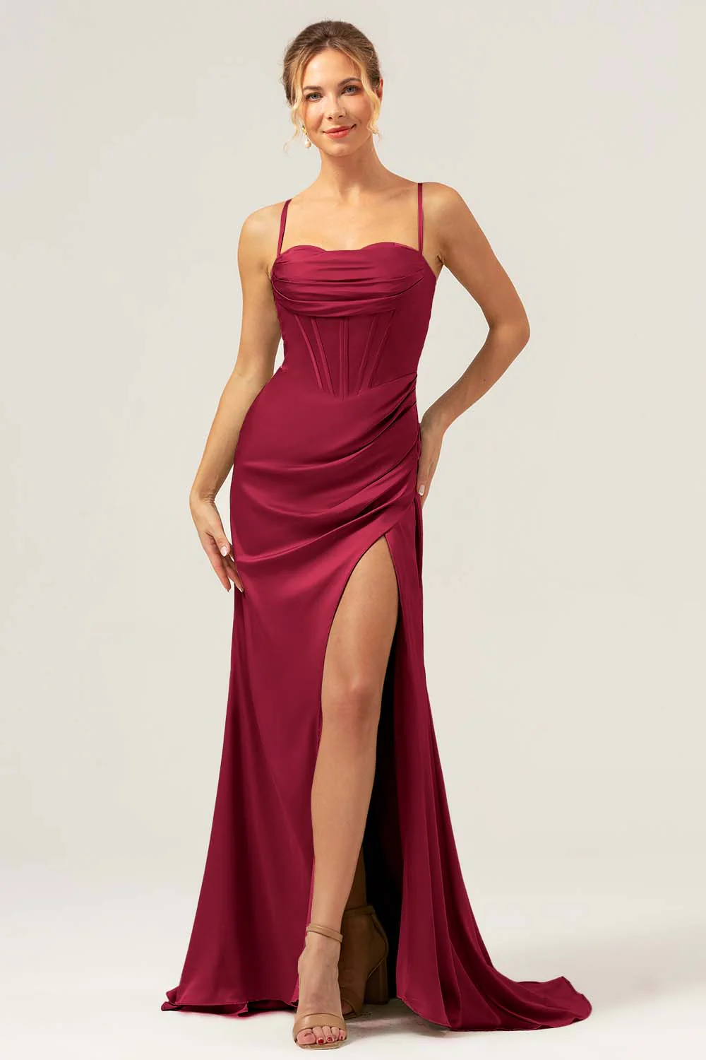 Sage Sirène Spaghetti Bretelles Corset Satin Demoiselle d’honneur Robe avec Fente - Image 13
