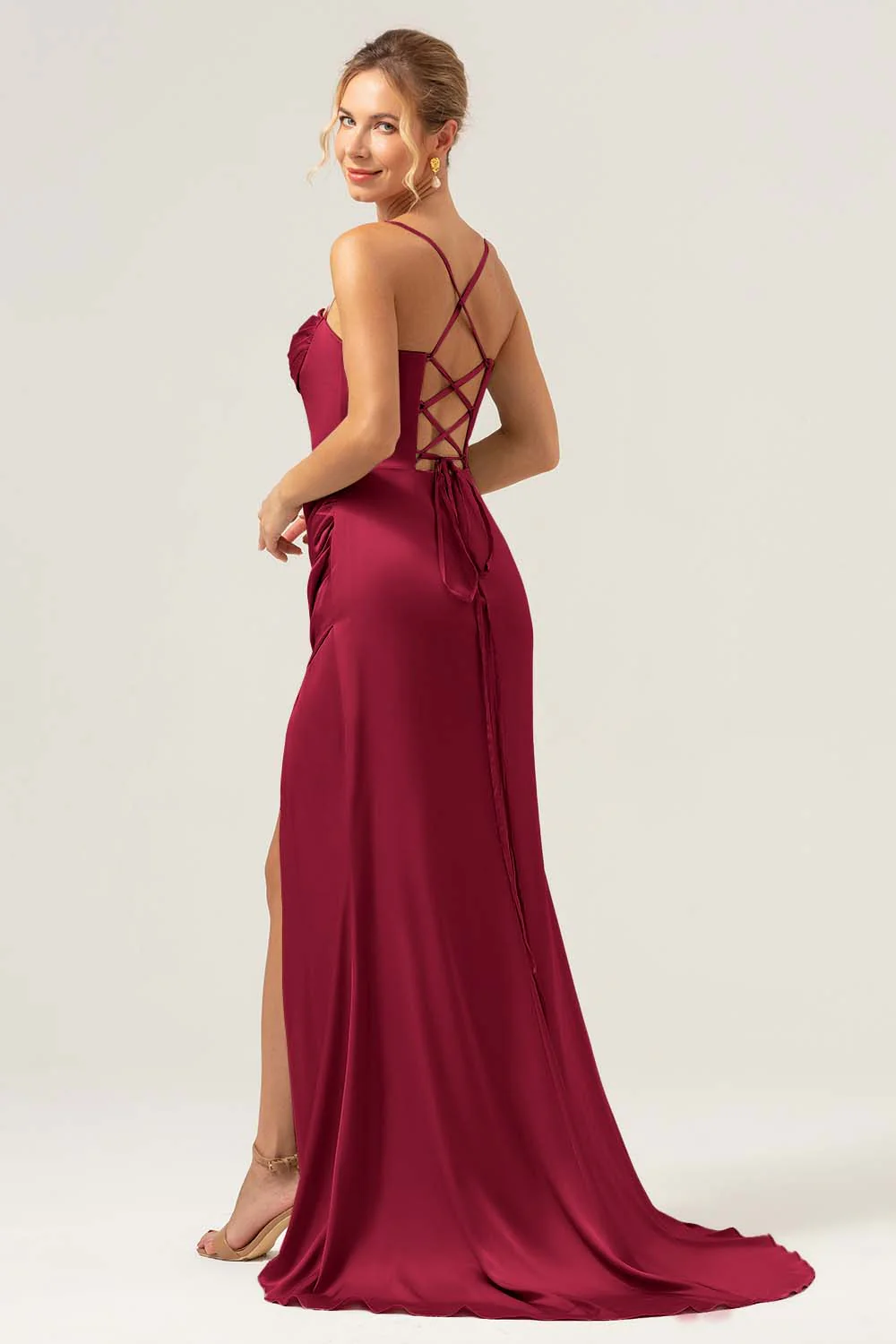 Sage Sirène Spaghetti Bretelles Corset Satin Demoiselle d’honneur Robe avec Fente - Image 14
