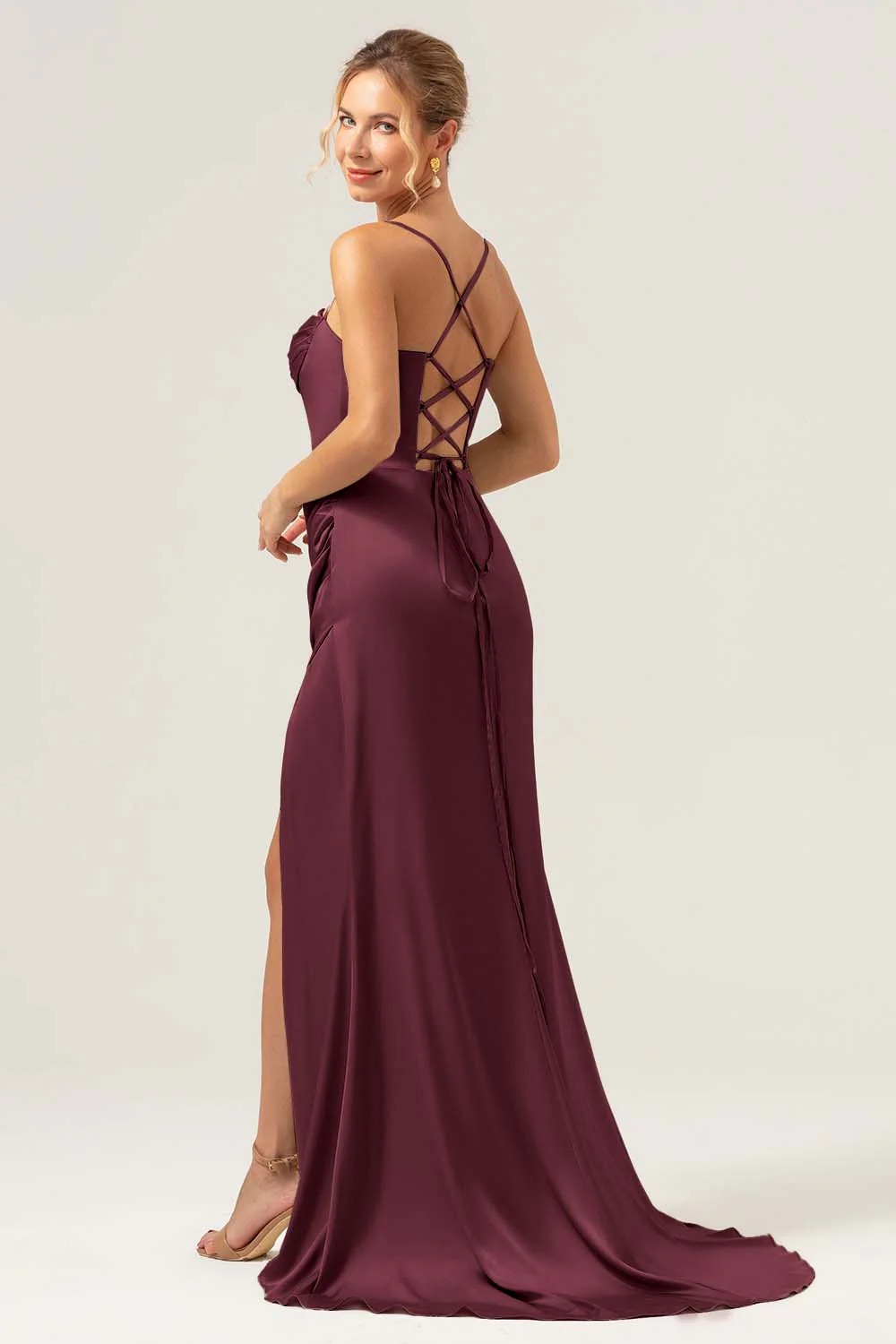 Sage Sirène Spaghetti Bretelles Corset Satin Demoiselle d’honneur Robe avec Fente - Image 16