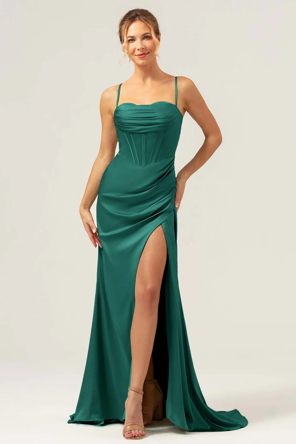 Sage Sirène Spaghetti Bretelles Corset Satin Demoiselle d’honneur Robe avec Fente - Image 17