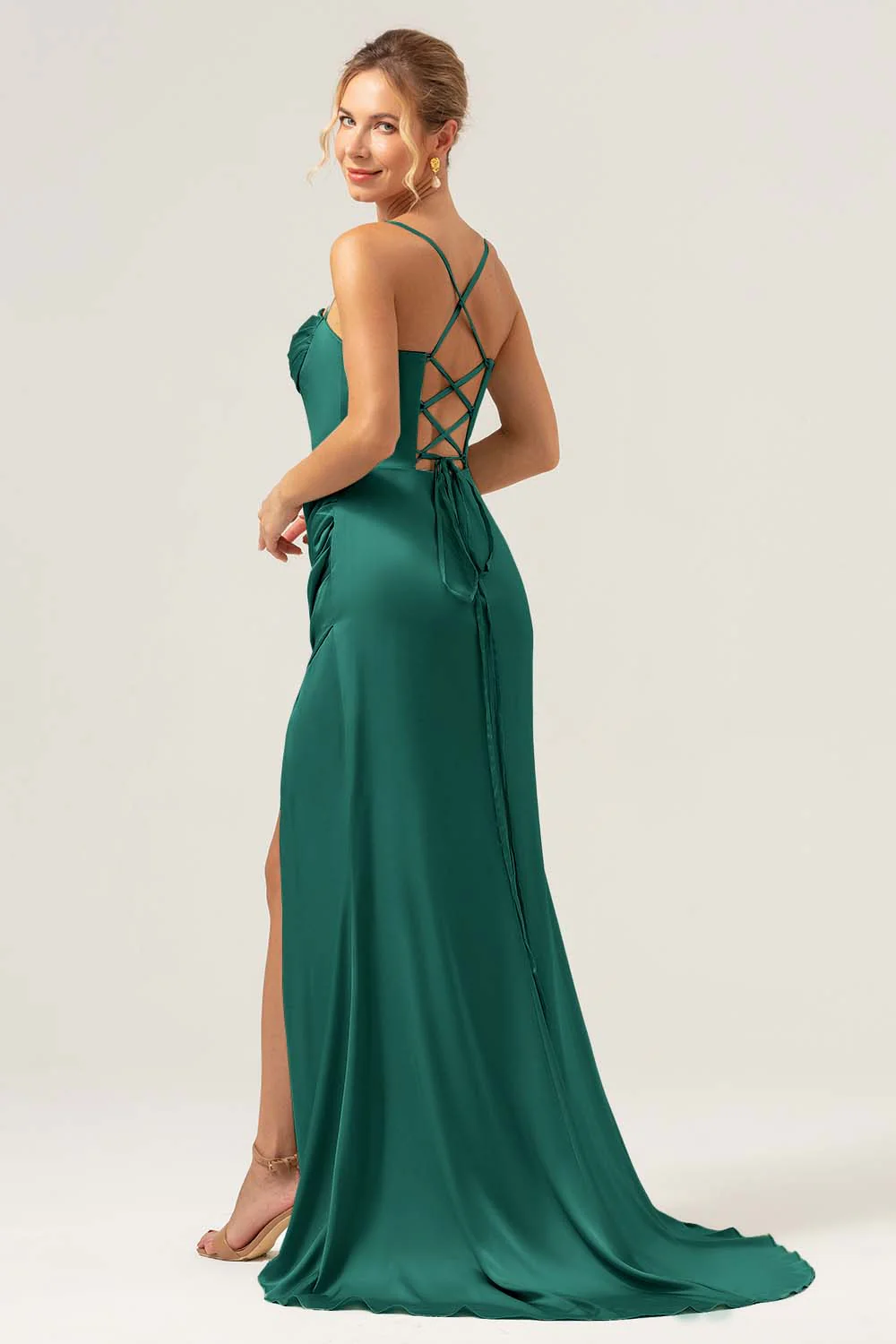 Sage Sirène Spaghetti Bretelles Corset Satin Demoiselle d’honneur Robe avec Fente - Image 18