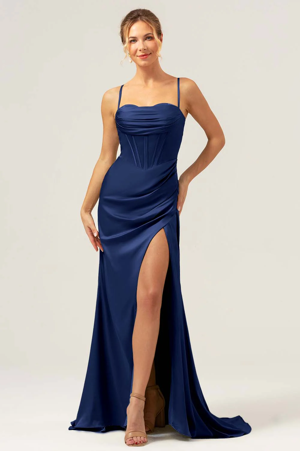 Sage Sirène Spaghetti Bretelles Corset Satin Demoiselle d’honneur Robe avec Fente - Image 19