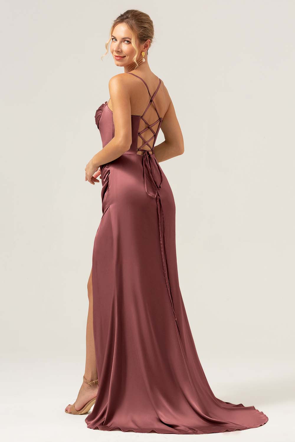 Sage Sirène Spaghetti Bretelles Corset Satin Demoiselle d’honneur Robe avec Fente - Image 22