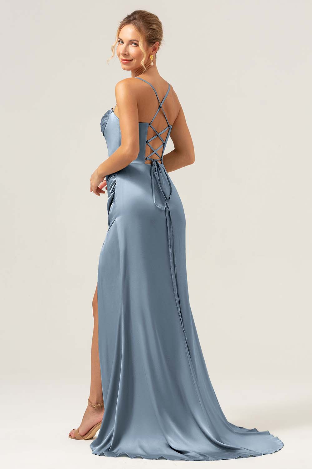 Sage Sirène Spaghetti Bretelles Corset Satin Demoiselle d’honneur Robe avec Fente - Image 24