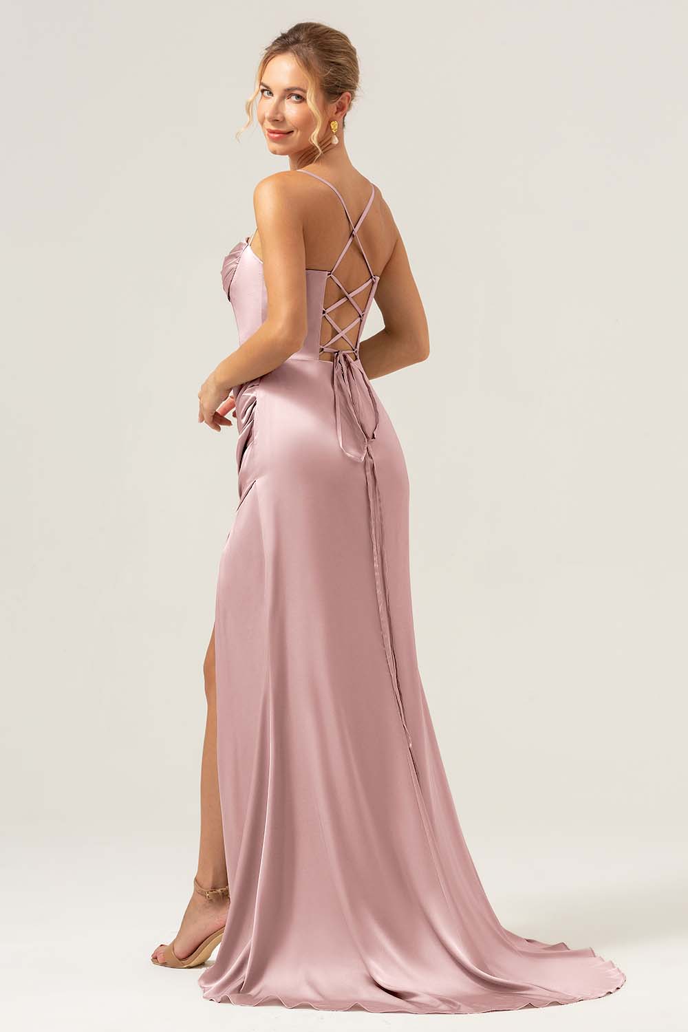 Sage Sirène Spaghetti Bretelles Corset Satin Demoiselle d’honneur Robe avec Fente - Image 26