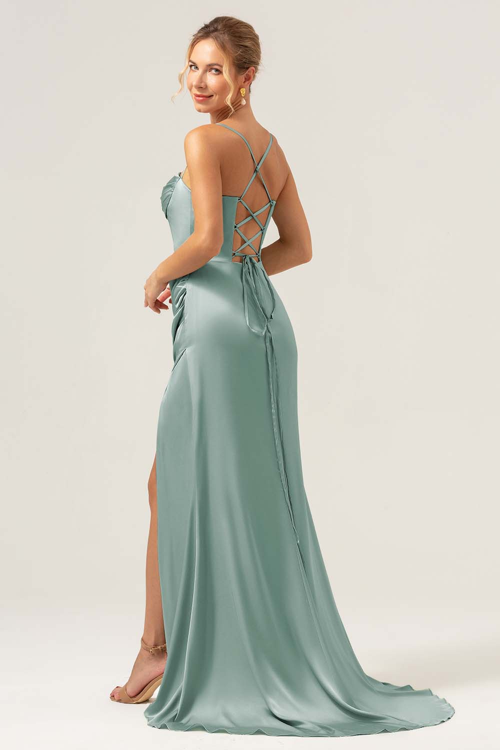 Sage Sirène Spaghetti Bretelles Corset Satin Demoiselle d’honneur Robe avec Fente - Image 8