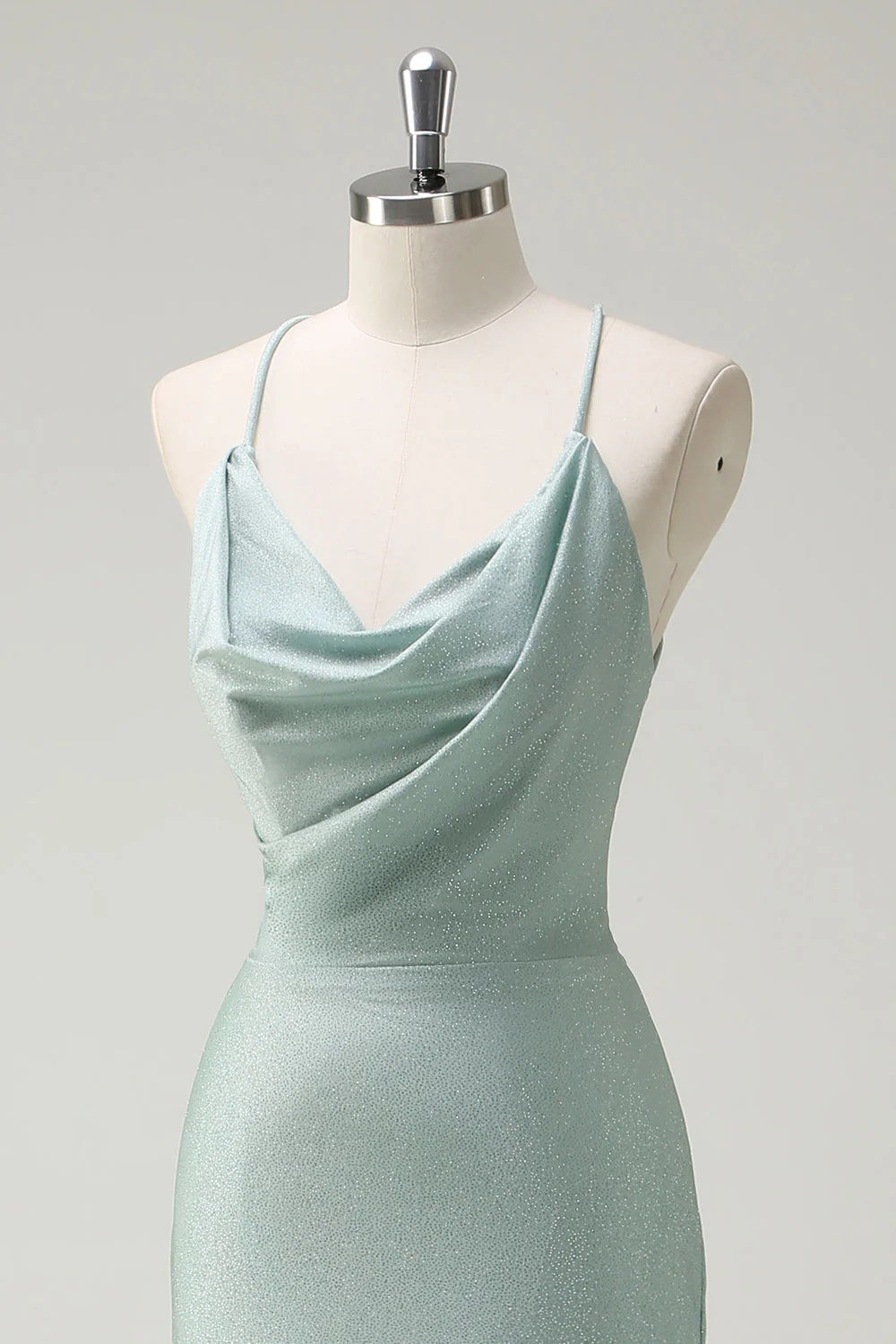 Sage Sirène Spaghetti Bretelles Robe de Bal Longue Ruchée Avec Lace Up Back - Image 6