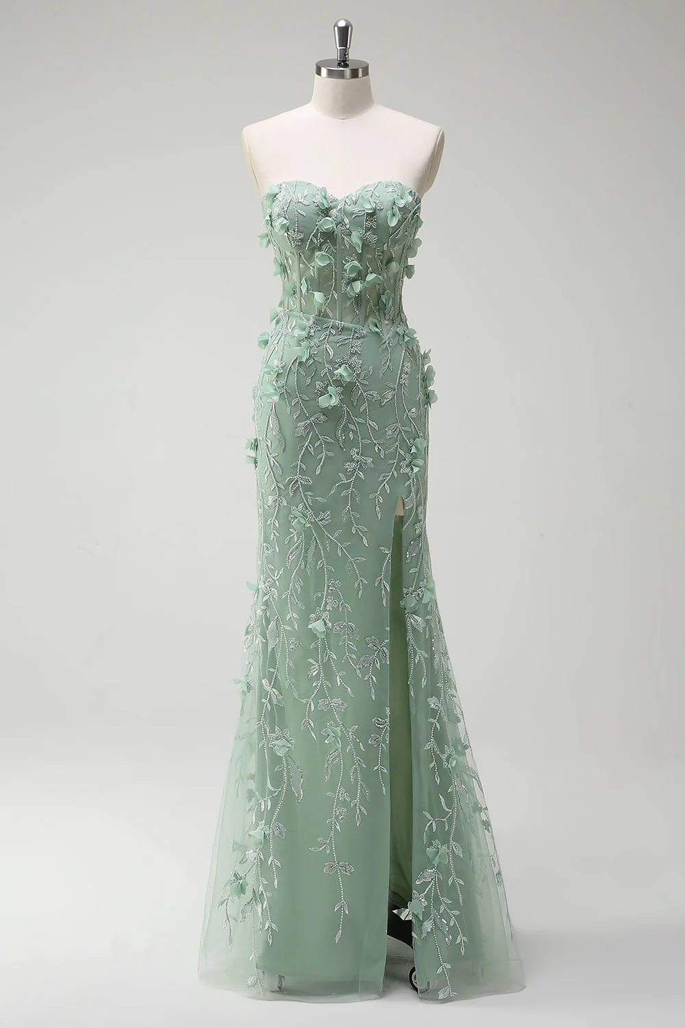 Sage Sirène Sweetheart Floral Appliqued Robe de soirée Longue avec Fente