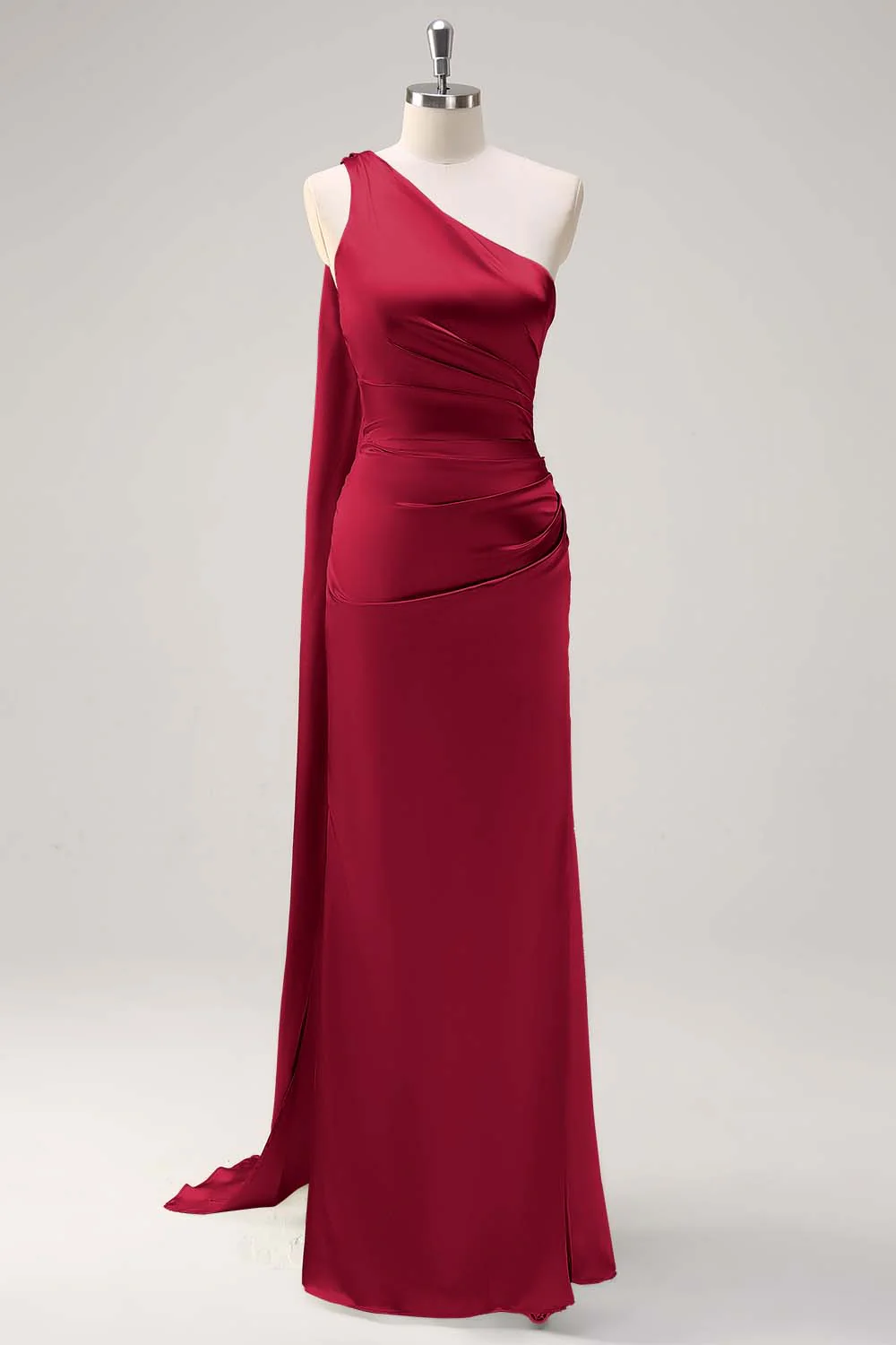 Robe de demoiselle d'honneur sirène longue en satin sauge à épaule unique traîne ruchée avec fente - Image 7
