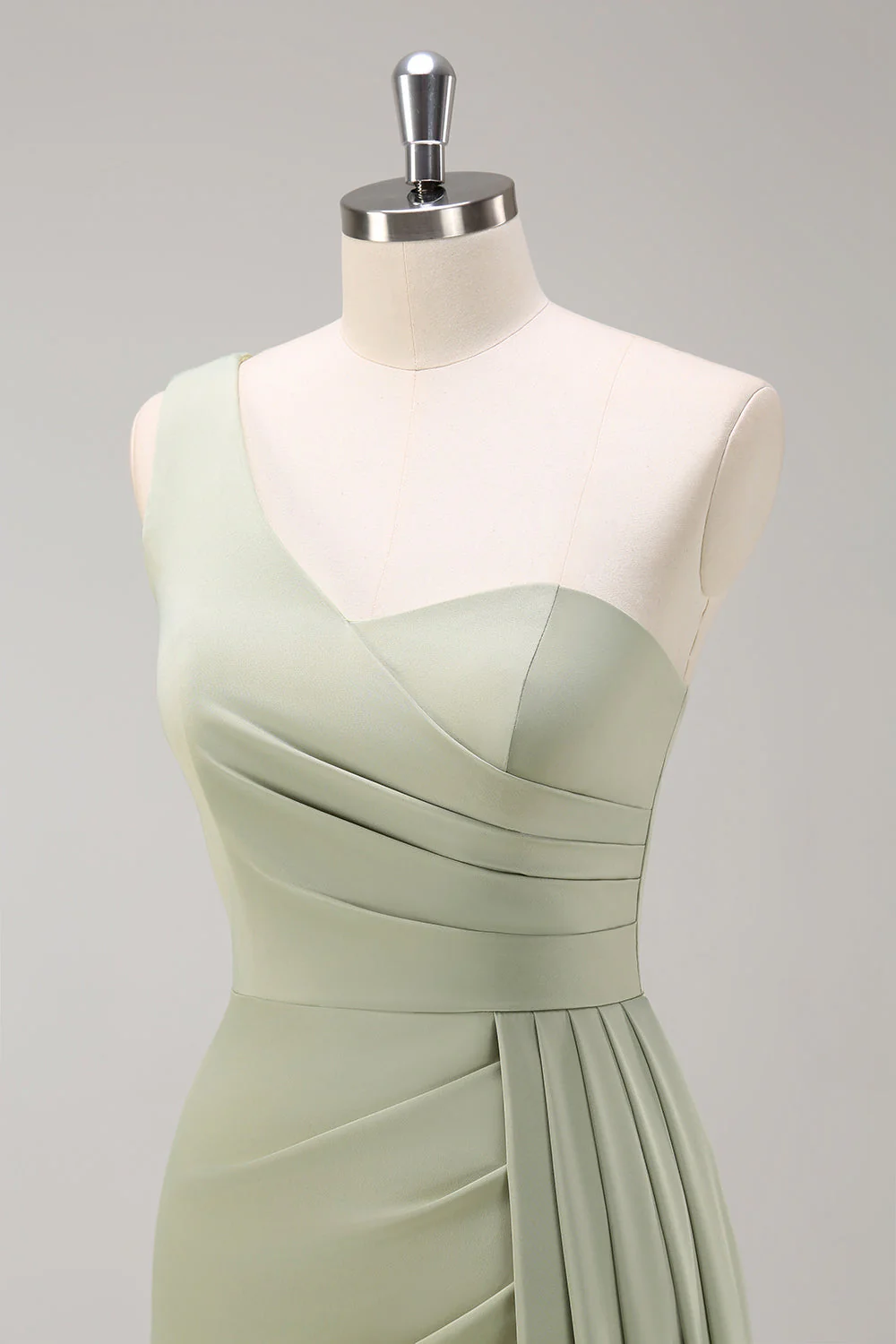 Sauge une épaule satin côté banderole sirène robe de demoiselle d’honneur avec fente - Image 6