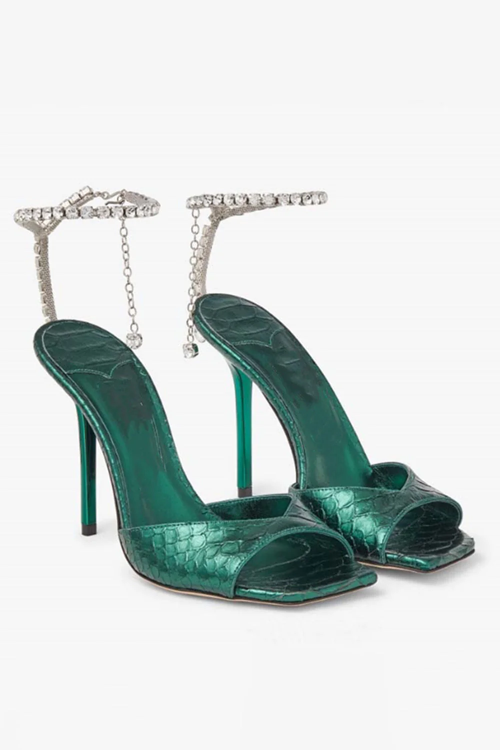 Sandales à talons aiguilles en strass vert foncé scintillants avec chaîne à la cheville