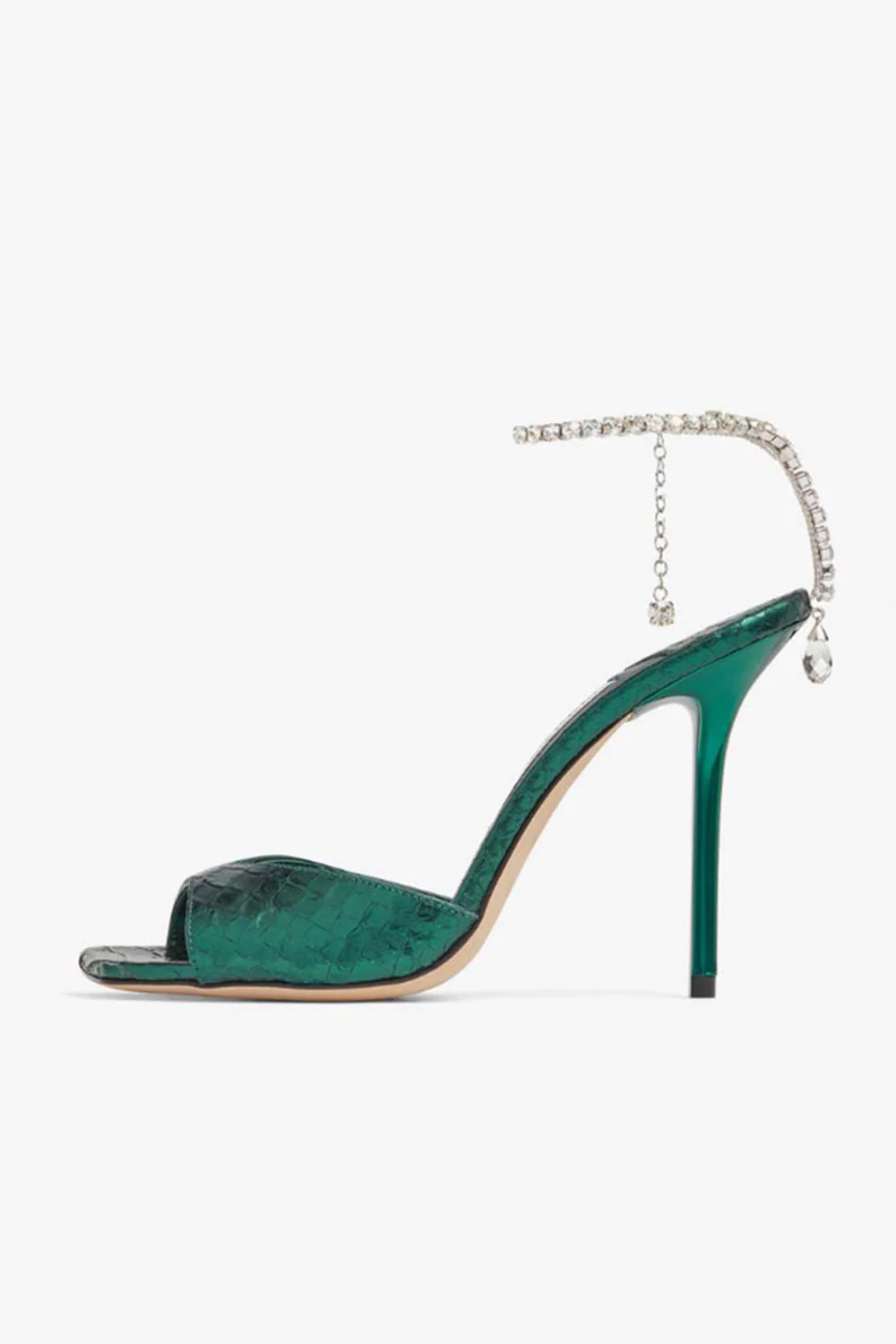 Sandales à talons aiguilles en strass vert foncé scintillants avec chaîne à la cheville - Image 2