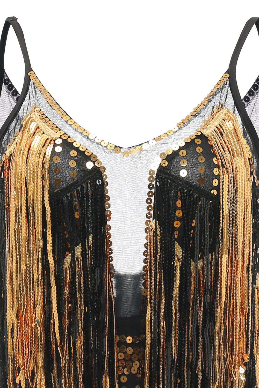 Robe années 1920 noire à franges avec fines bretelles dorées - Image 10