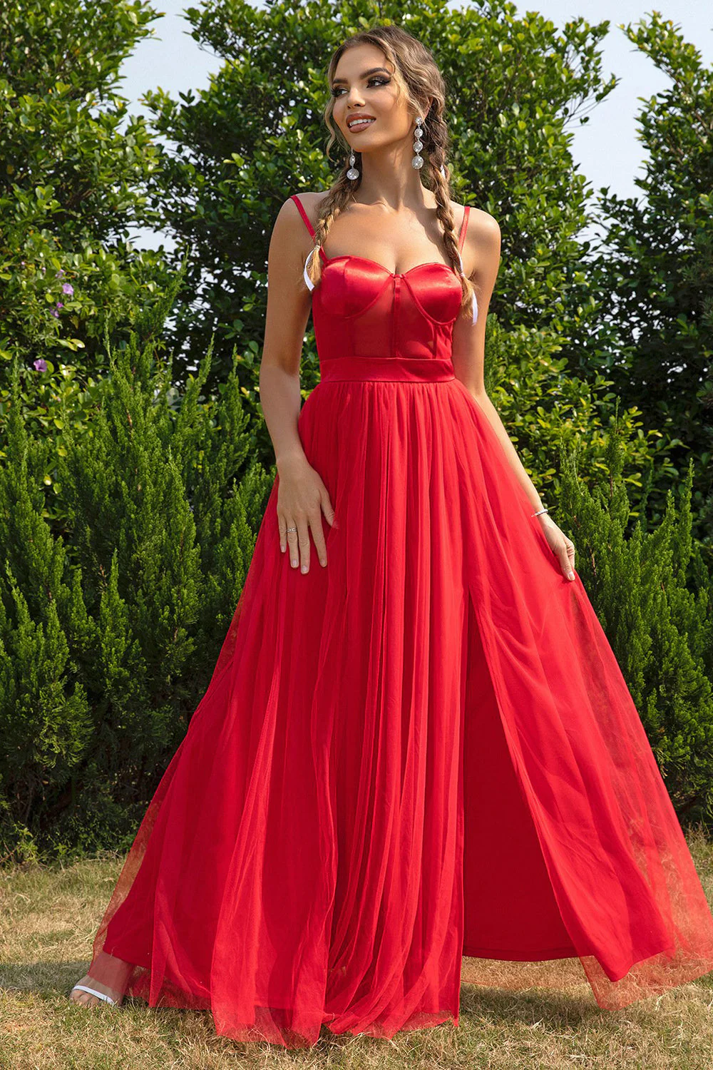 Sangles Spaghetti Noires Une Ligne Tulle Open Back Robe de bal longue - Image 12