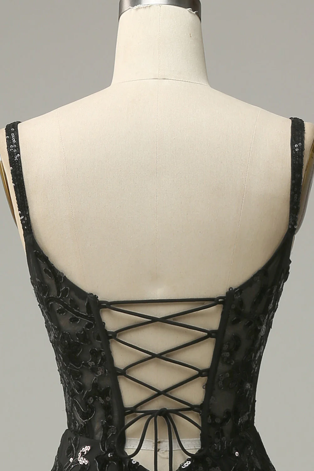 Sangles Spaghetti Sirène Paillettes Noires Robe longue de bal avec front fendu - Image 6