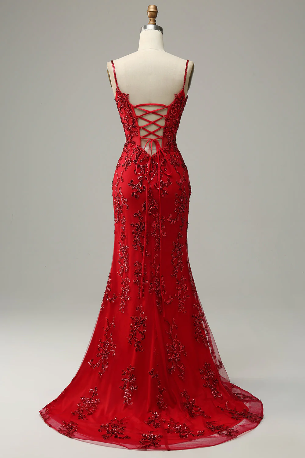 Sangles Spaghetti Sirène Paillettes rouges Robe longue de bal avec front fendu - Image 2