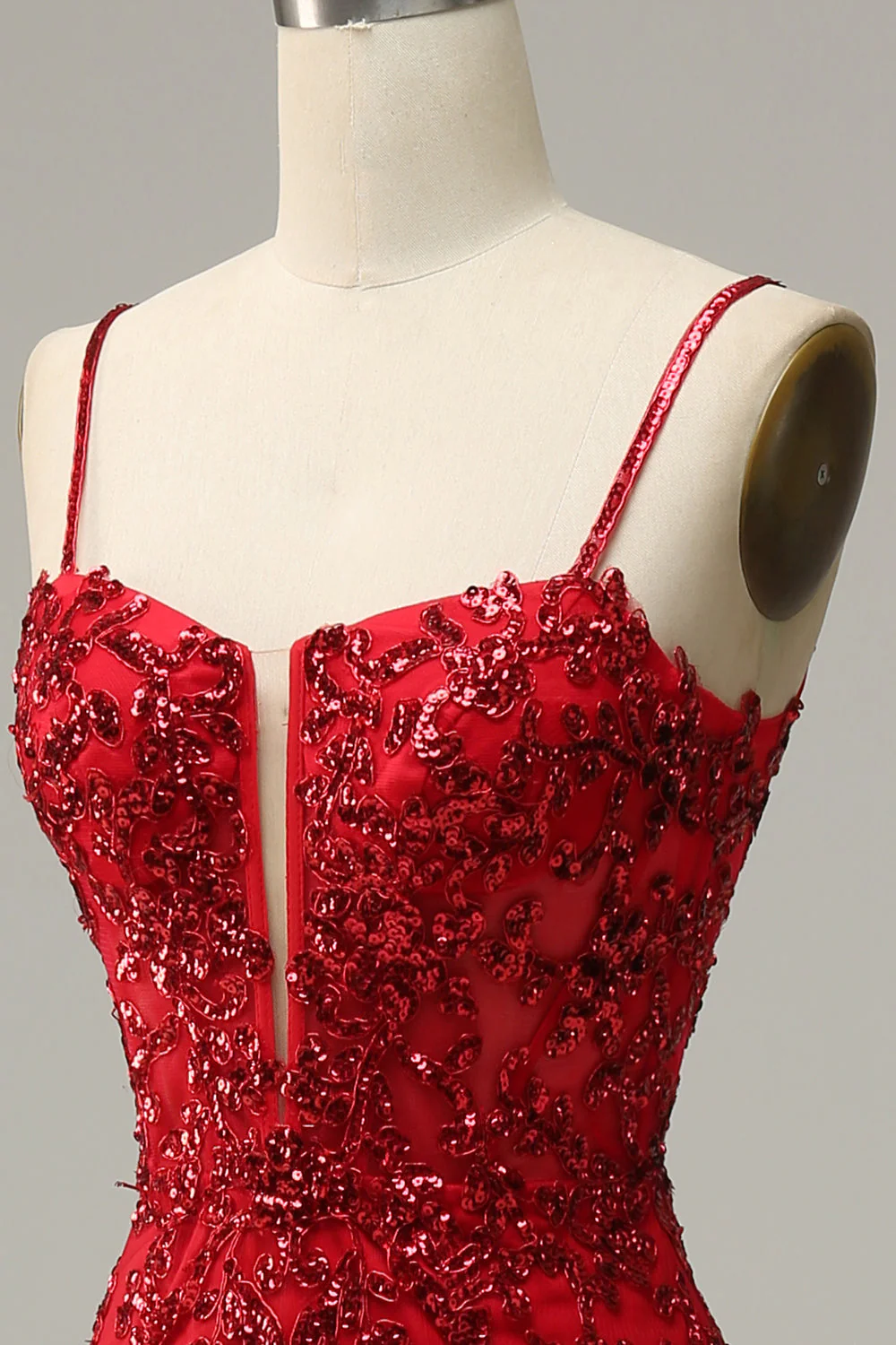 Sangles Spaghetti Sirène Paillettes rouges Robe longue de bal avec front fendu - Image 5