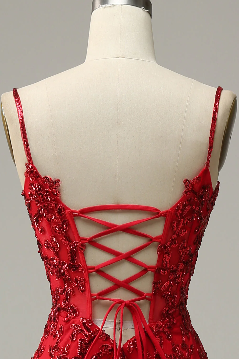 Sangles Spaghetti Sirène Paillettes rouges Robe longue de bal avec front fendu - Image 6