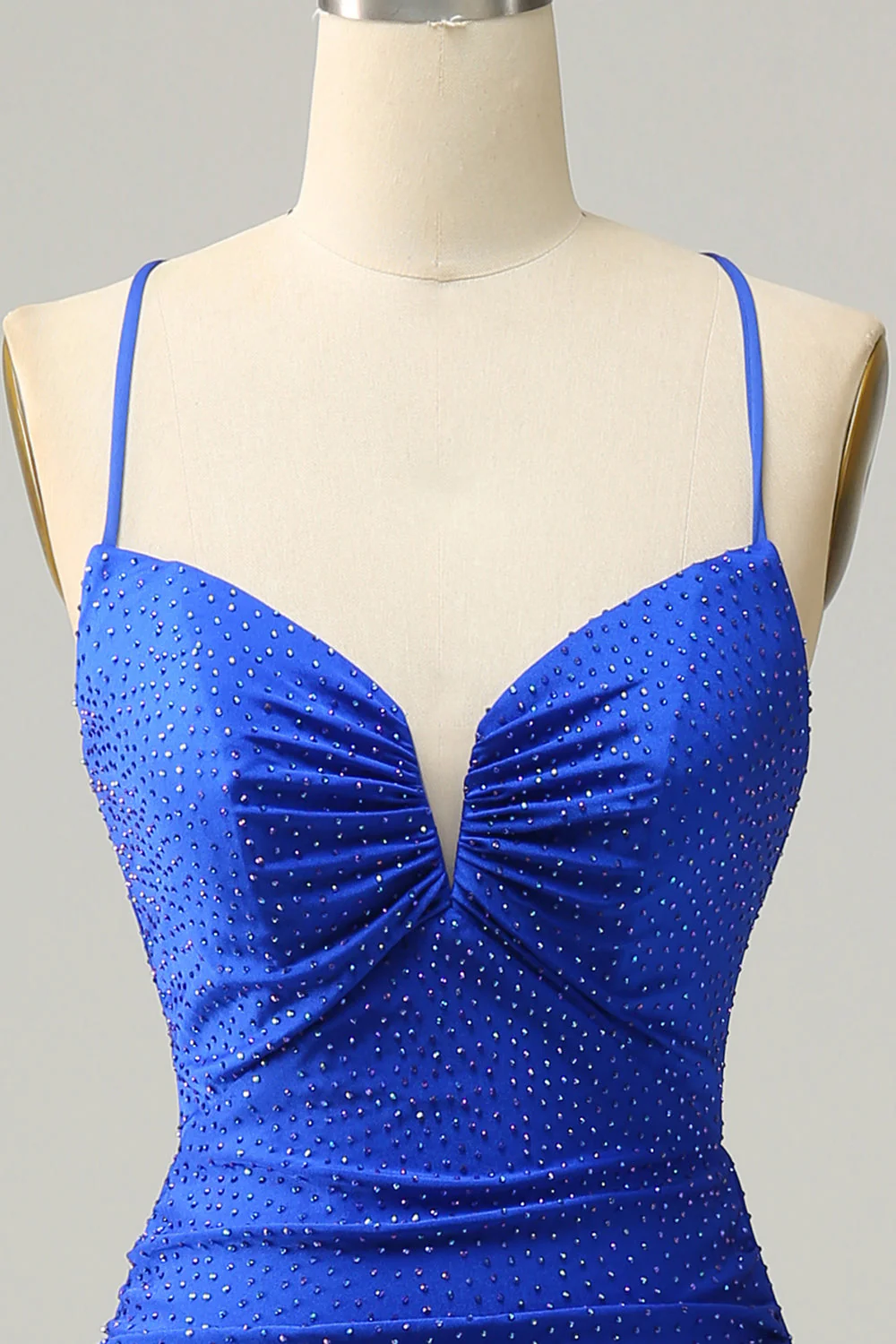 Sangles Spaghetti Sirène Robe de bal longue bleu royal avec perles - Image 4