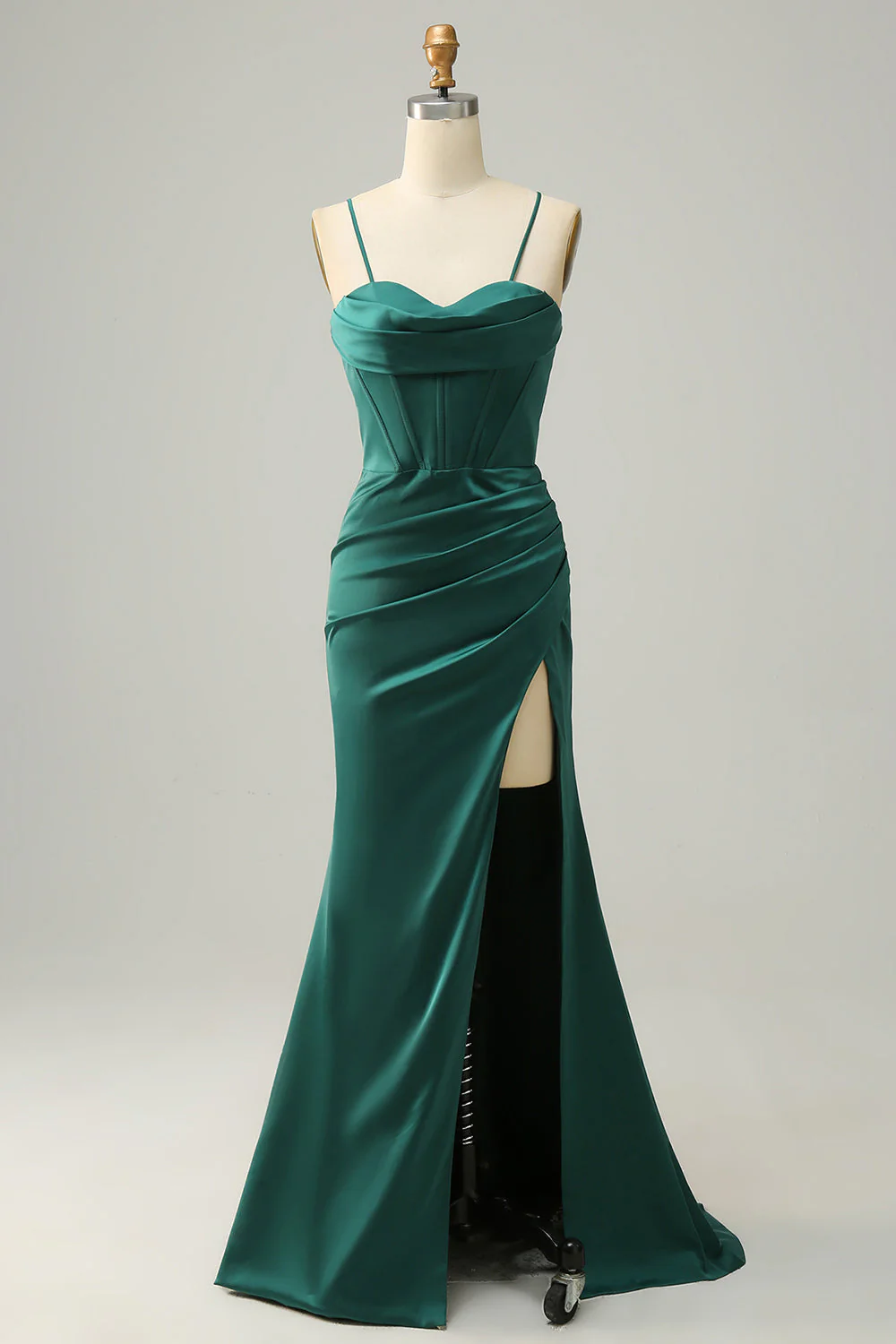 Sangles Spaghetti Sirène Robe de bal longue vert foncé avec front fendu - Image 3