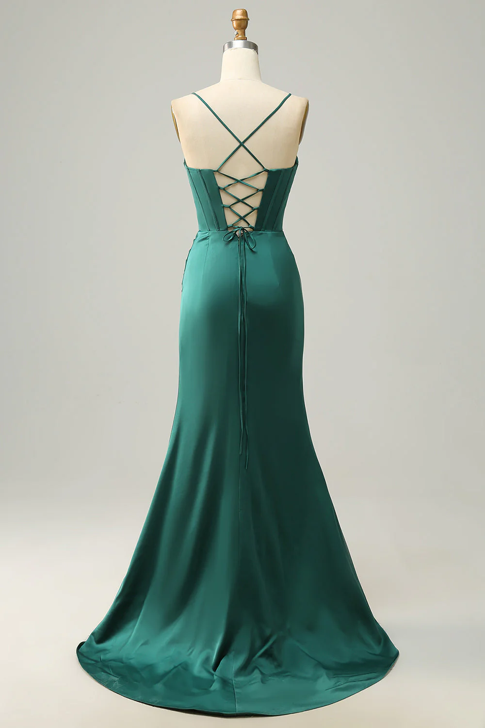 Sangles Spaghetti Sirène Robe de bal longue vert foncé avec front fendu - Image 4