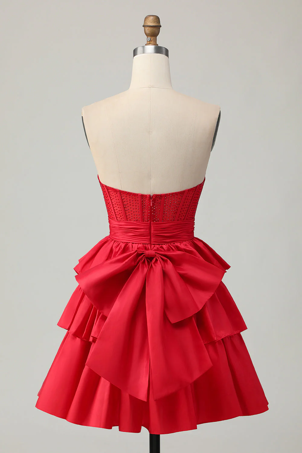 Sans bretelles rouge une ligne à plusieurs niveaux Corset perlé Robe de cocktail avec noeud - Image 8