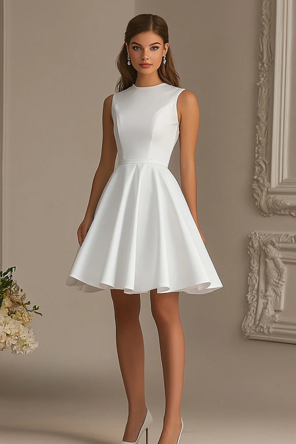 Satin A Line Robe courte sans manches blanche sans manches