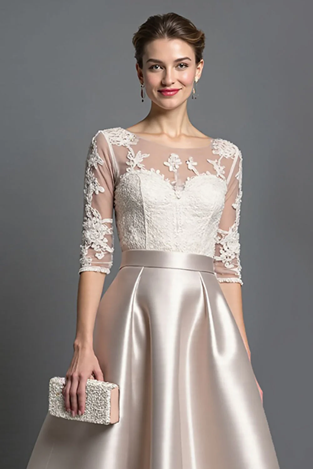 Robe mère de la mariée en satin abricot à ligne A avec appliqués - Image 3