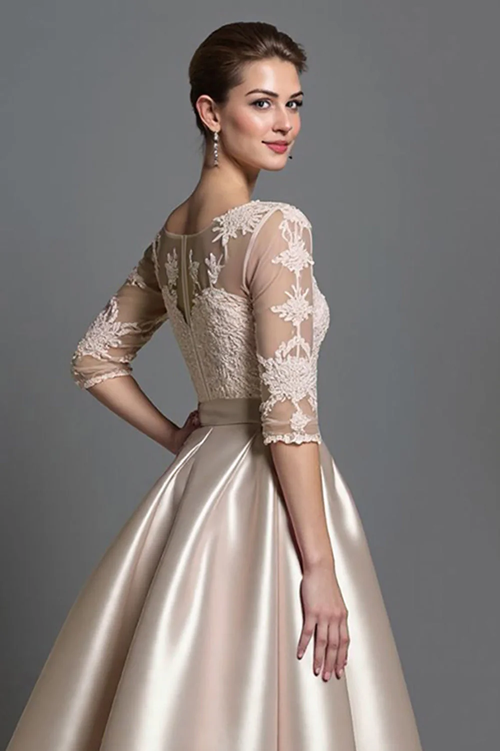 Robe mère de la mariée en satin abricot à ligne A avec appliqués - Image 4