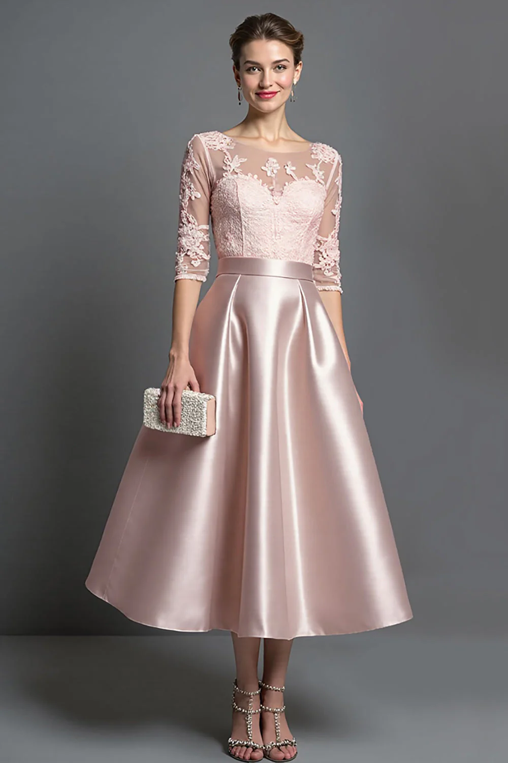 Robe mère de la mariée en satin abricot à ligne A avec appliqués - Image 5