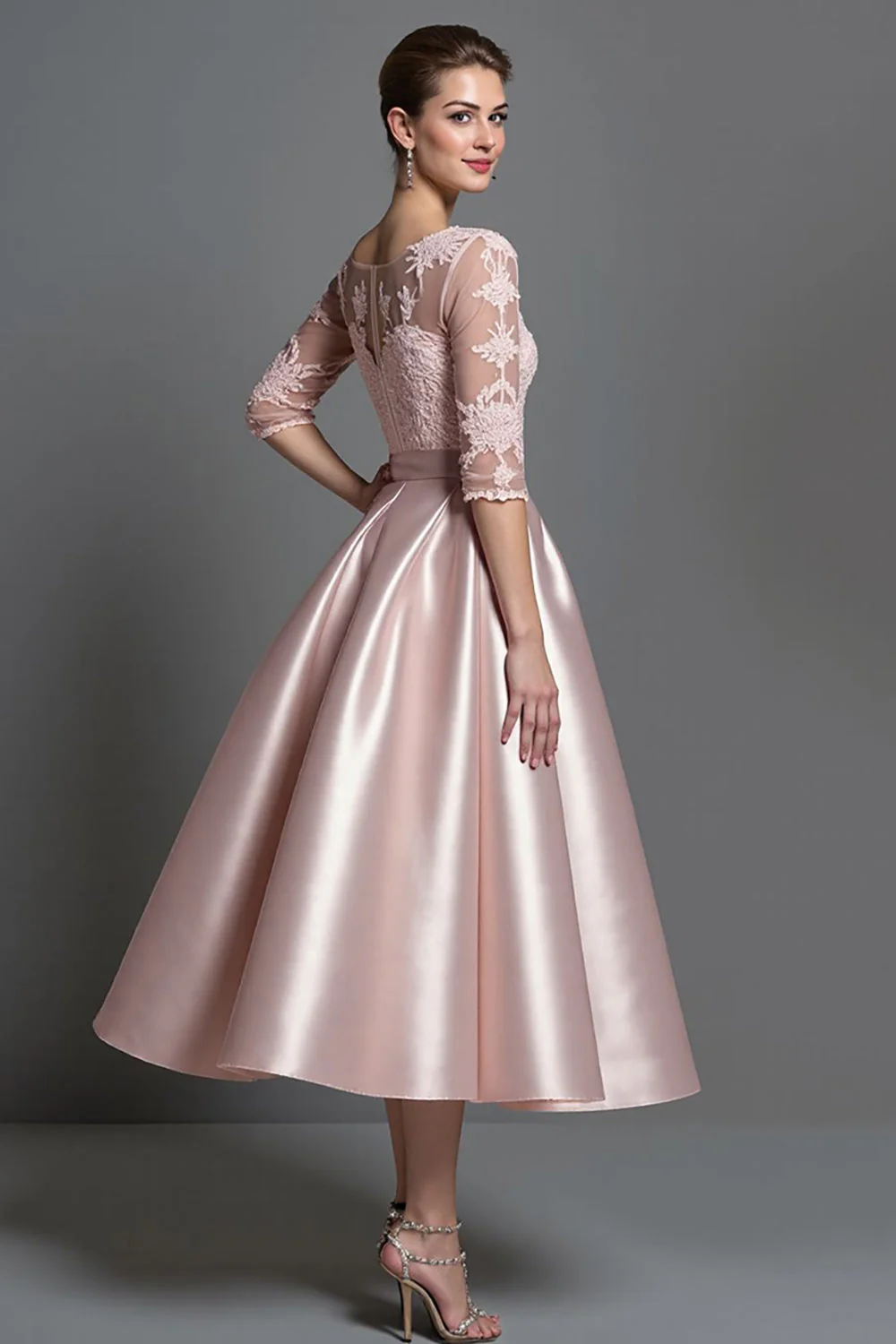 Robe mère de la mariée en satin abricot à ligne A avec appliqués - Image 6