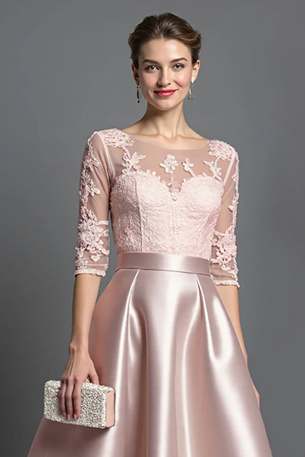 Robe mère de la mariée en satin abricot à ligne A avec appliqués - Image 7