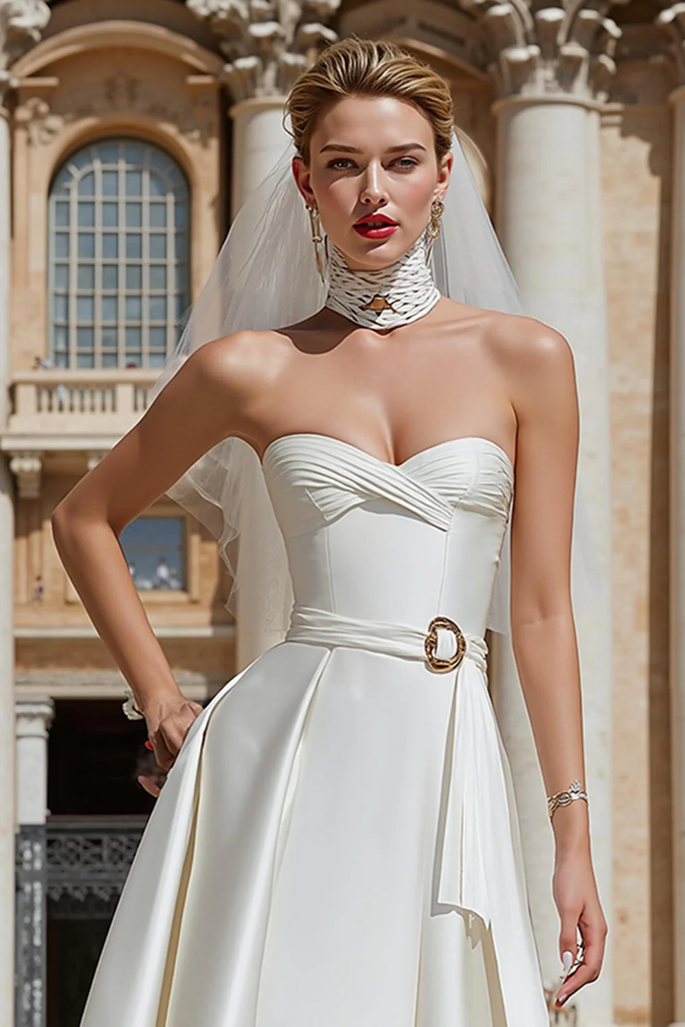Satin blanc Une ligne Sweetheart Robe de mariée courte avec ceinture - Image 5