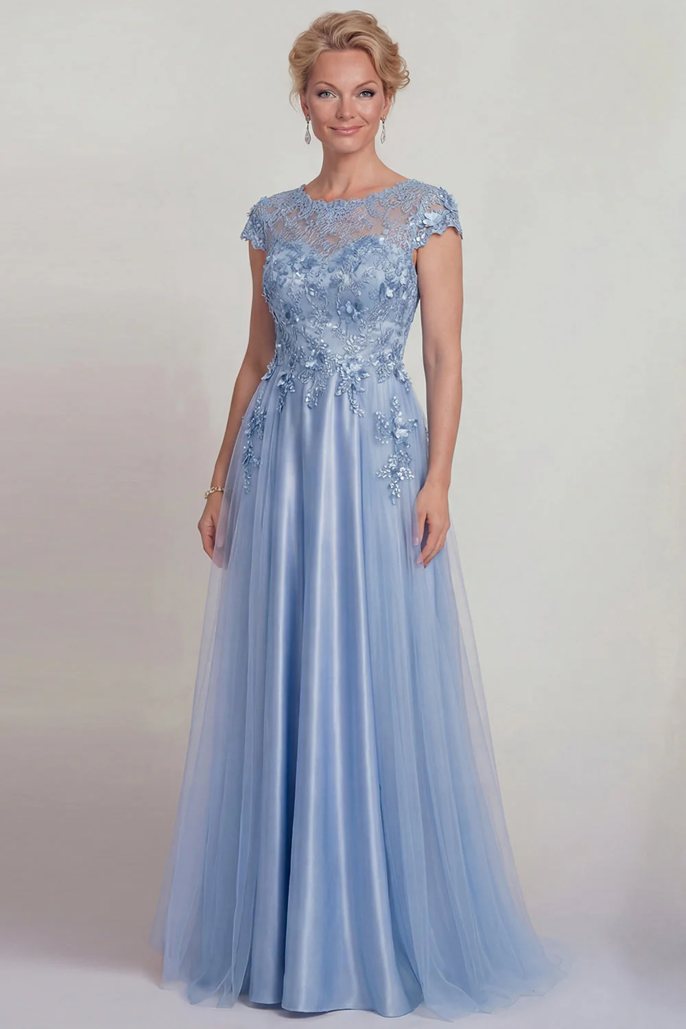 Satin bleu A Line, laille appliquée Robe de la mère de la mariée avec manche
