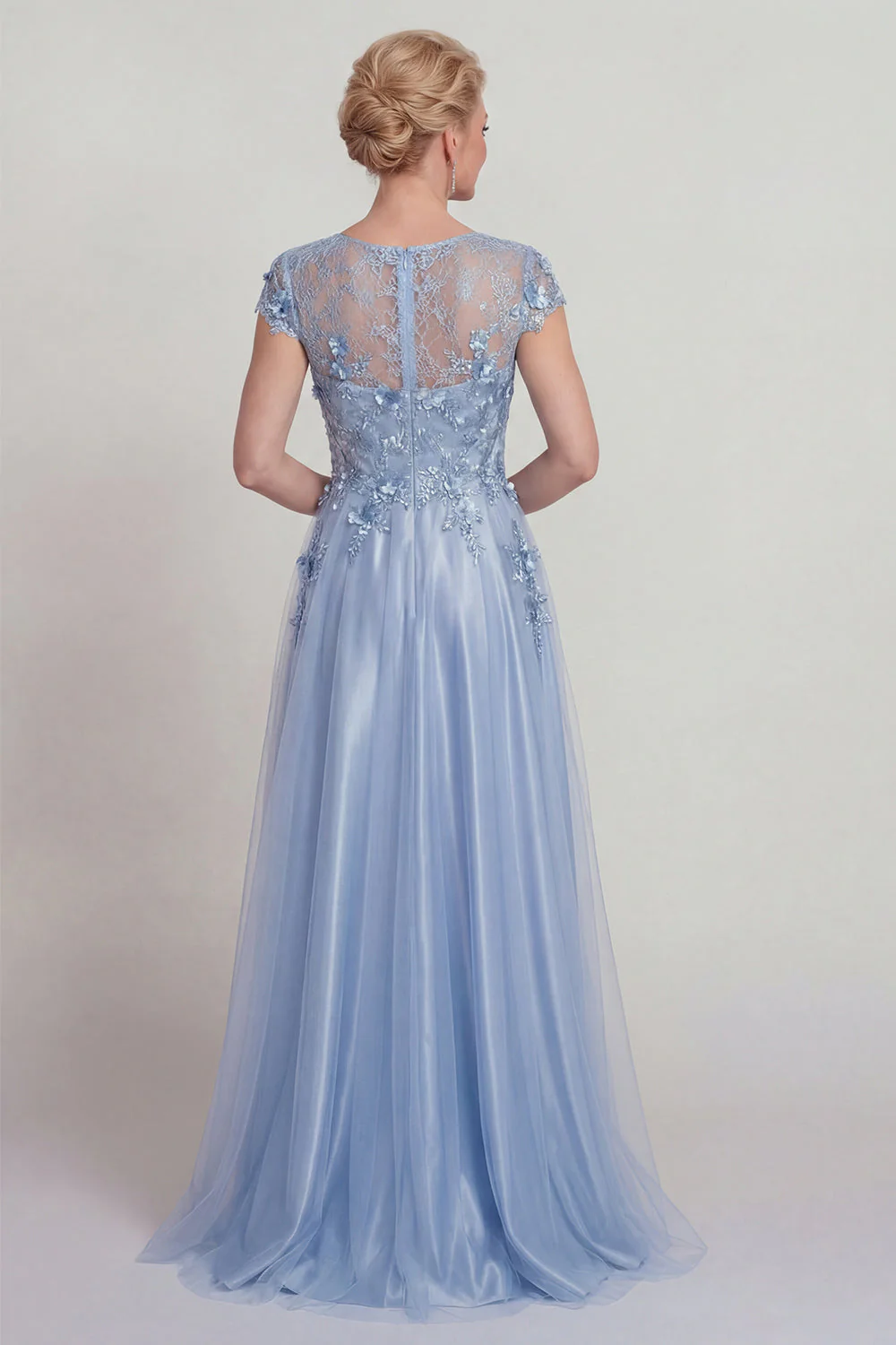 Satin bleu A Line, laille appliquée Robe de la mère de la mariée avec manche - Image 2
