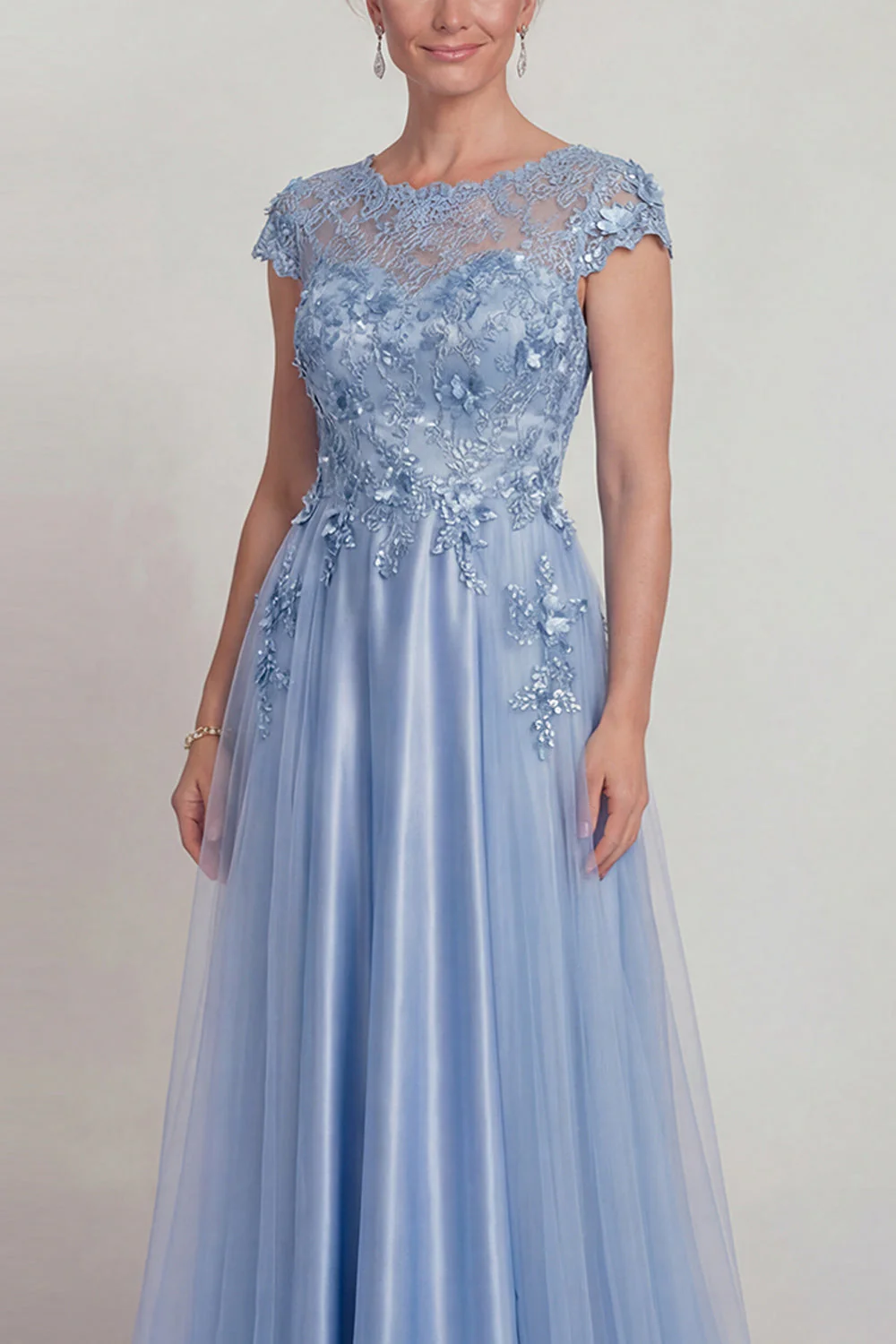 Satin bleu A Line, laille appliquée Robe de la mère de la mariée avec manche - Image 3