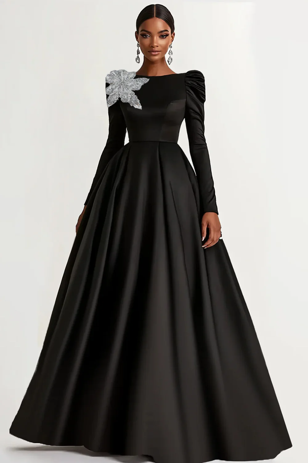 Satin noir col bateau manches longues Robe d’invité de mariage longue trapèze