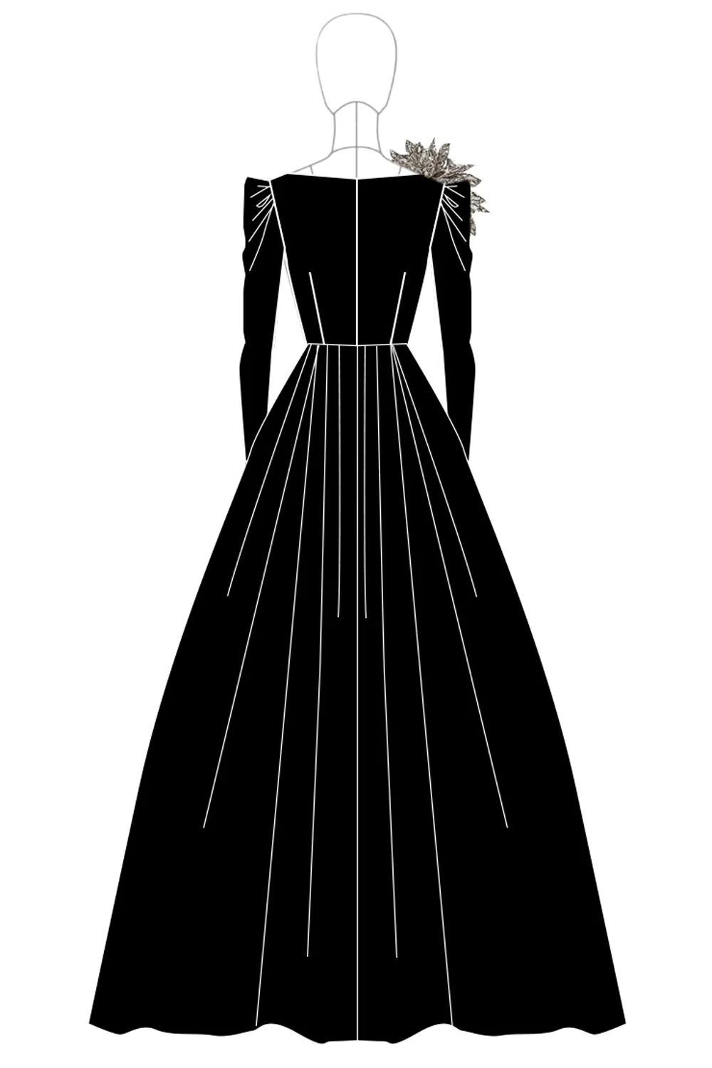Satin noir col bateau manches longues Robe d’invité de mariage longue trapèze - Image 2