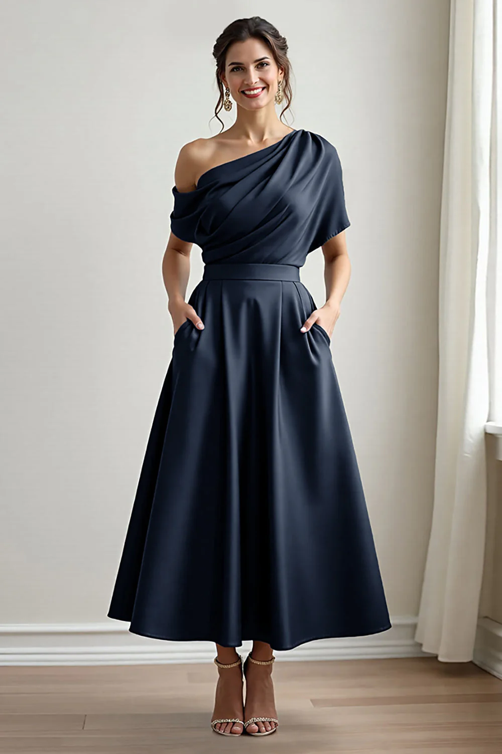 Robe mère de la mariée noire satin ligne A avec poches - Image 11