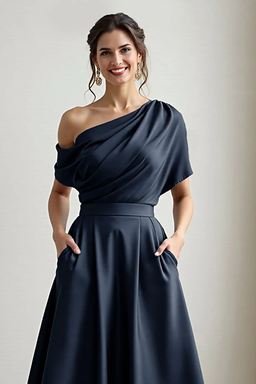 Robe mère de la mariée noire satin ligne A avec poches - Image 13