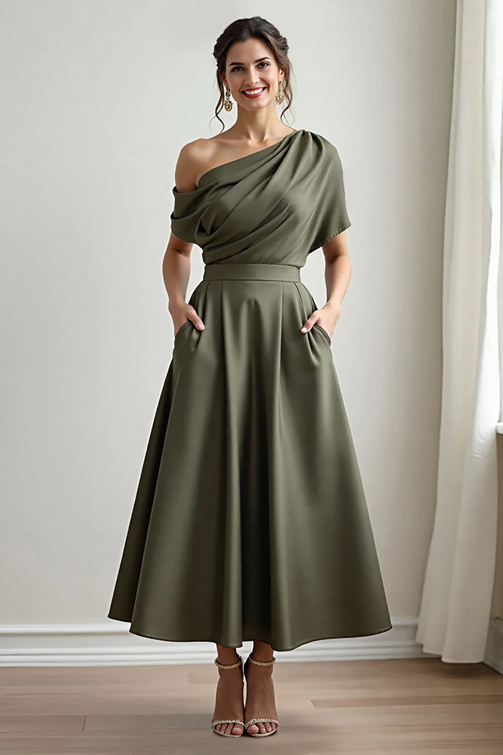 Robe mère de la mariée noire satin ligne A avec poches - Image 15