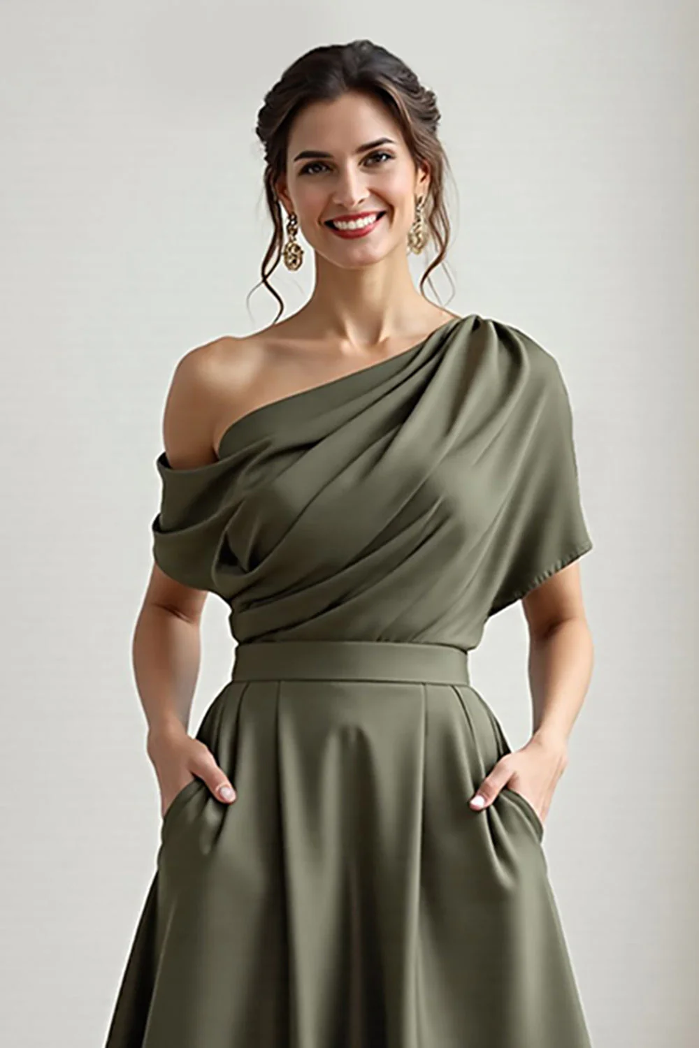 Robe mère de la mariée noire satin ligne A avec poches - Image 17