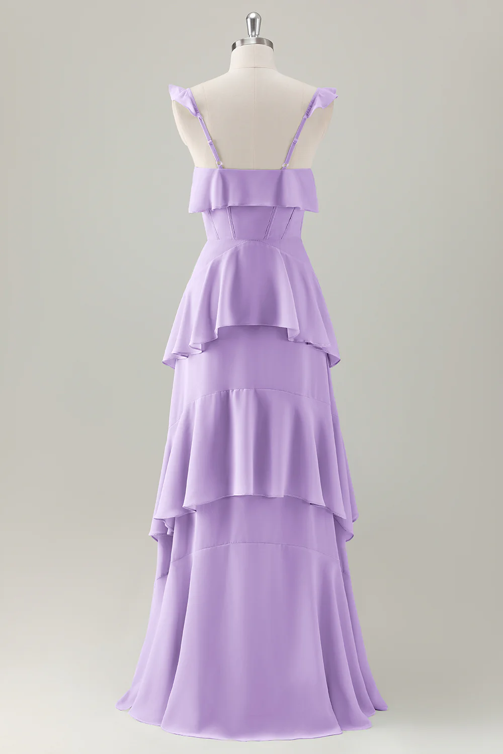Sauge poussiéreuse A-ligne à volants à volants à plusieurs niveaux Corset de soie Robe longue de demoiselle d’honneur - Image 10