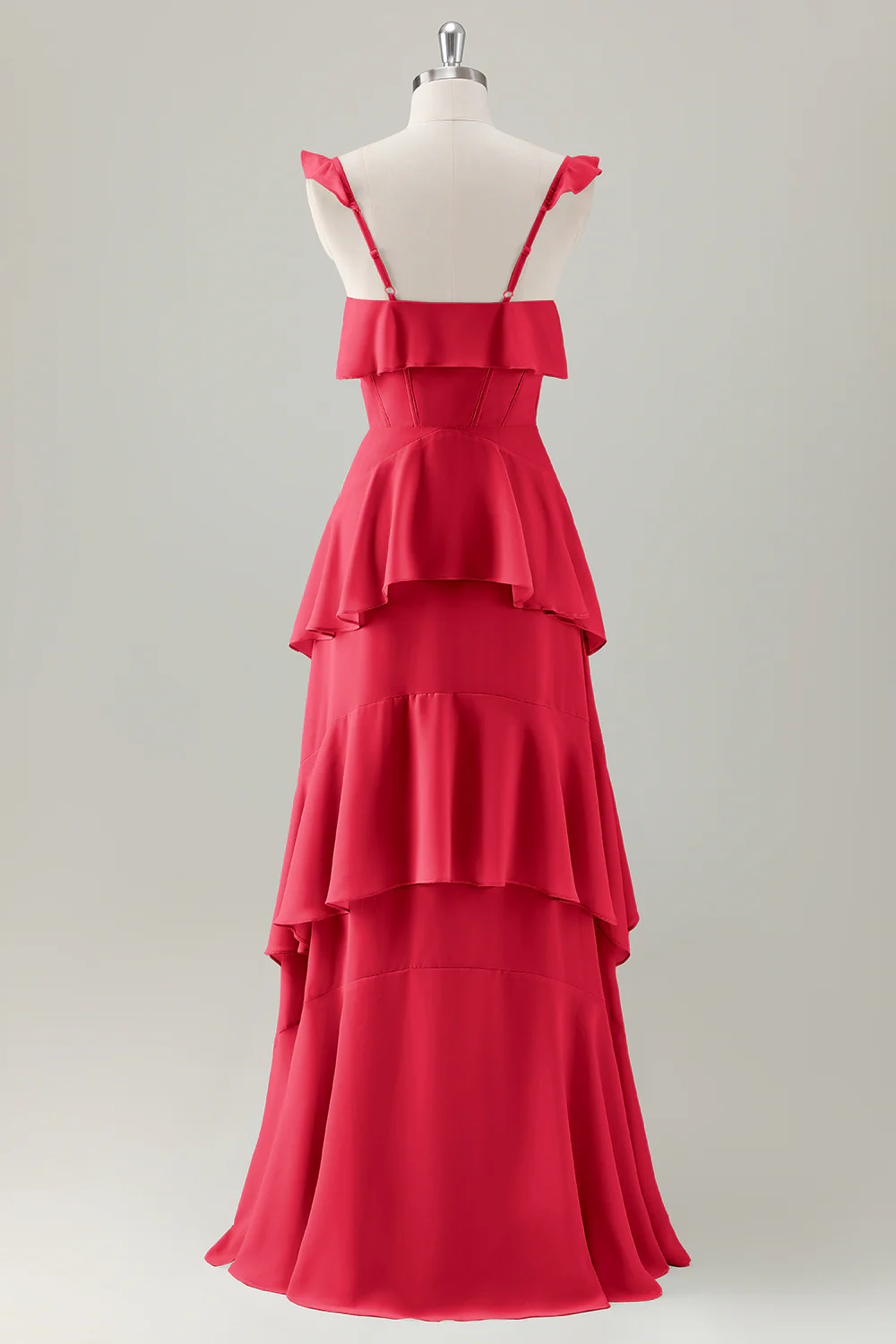 Sauge poussiéreuse A-ligne à volants à volants à plusieurs niveaux Corset de soie Robe longue de demoiselle d’honneur - Image 14