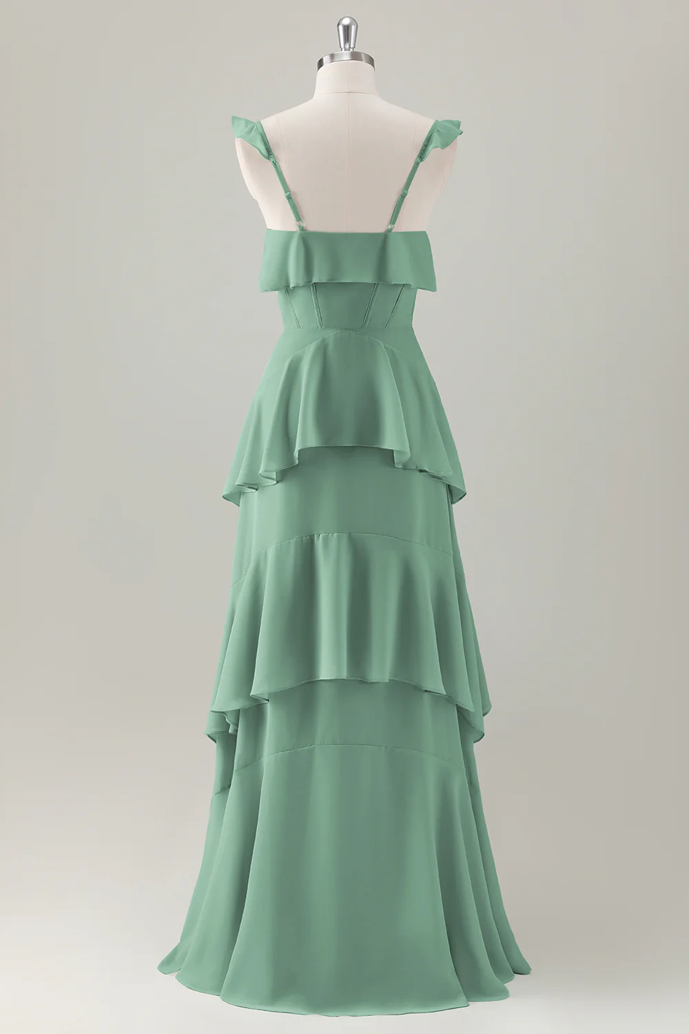 Sauge poussiéreuse A-ligne à volants à volants à plusieurs niveaux Corset de soie Robe longue de demoiselle d’honneur - Image 4